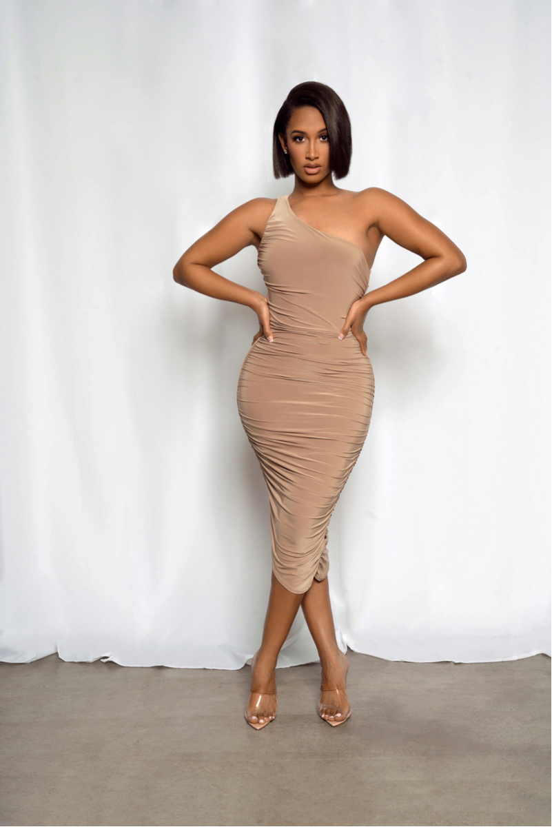 All This Love Ruched One Shoulder Nude Midi Dress
