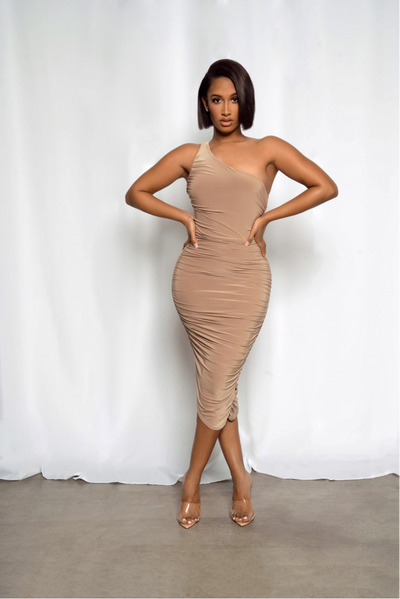 All This Love Ruched One Shoulder Nude Midi Dress