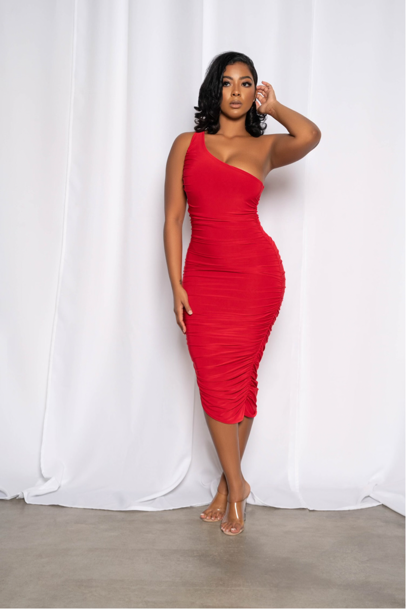 All This Love Ruched One Shoulder Red Midi Dress