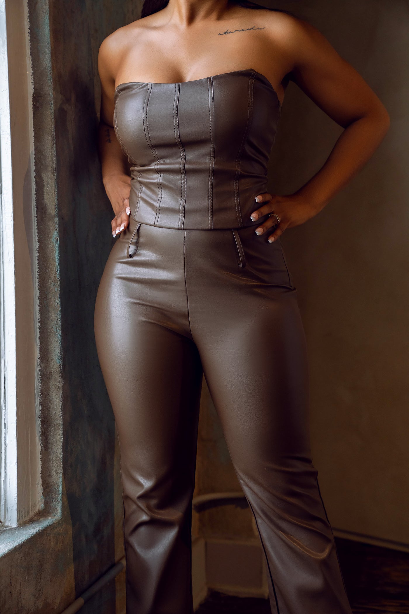 Faux Leather Pant Set (Brown)