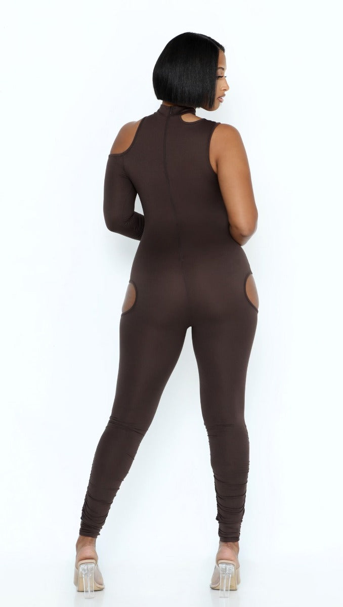 BROWN CUT OUT JUMPSUIT